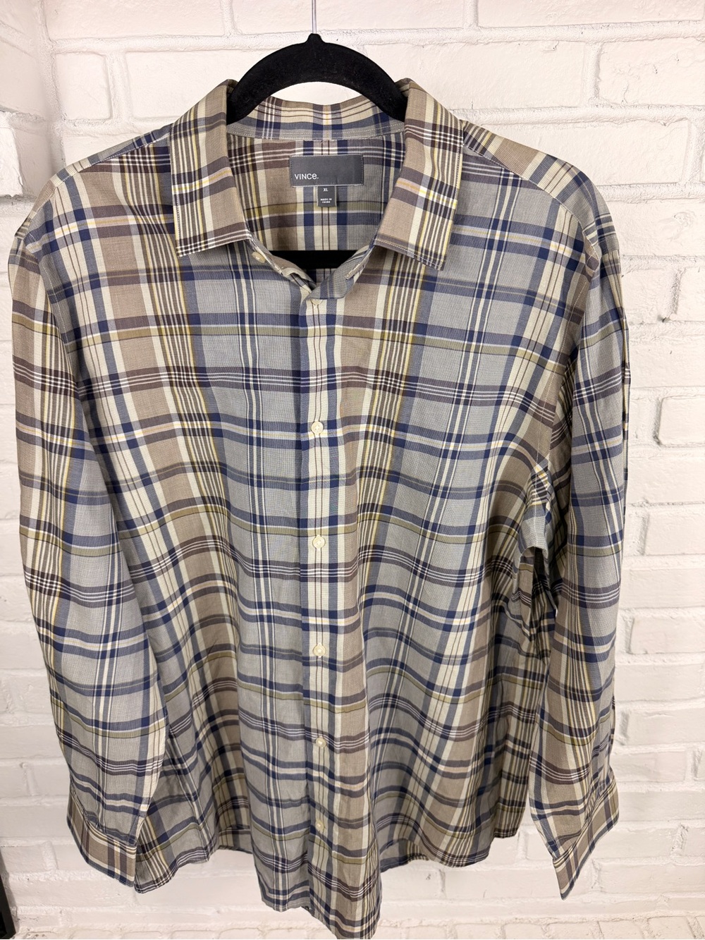 Vince XL Blue Beige Plaid Cotton Button‎ Front Shirt Lightweight Large Check